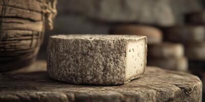 Goat cheese placed on wooden surface in rustic setting photo