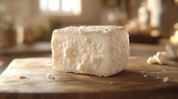 Fresh goat cheese on wooden board in cozy kitchen setting photo