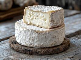 Creamy goat cheese on rustic wooden board for culinary delight photo