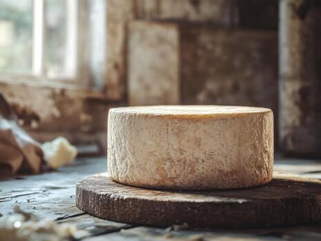 Goat cheese on wooden board in rustic setting with natural light photo