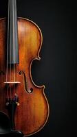 Elegant wooden violin with intricate details against dark background photo