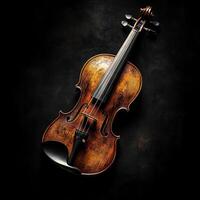 Violin resting on dark backdrop displays rich wood texture and detail photo