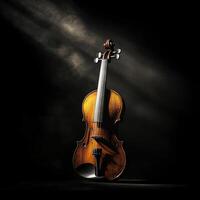 Beautifully crafted violin illuminated by soft light in dark setting photo