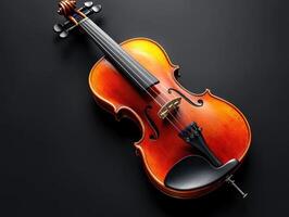 Beautifully crafted wooden violin resting on a dark surface photo