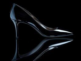Elegant black high heel with a glossy finish on reflective surface photo
