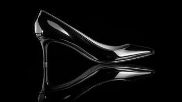 A black high heel shoe with a reflection photo