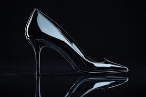 Elegant black high-heeled shoe set against a dark backdrop photo