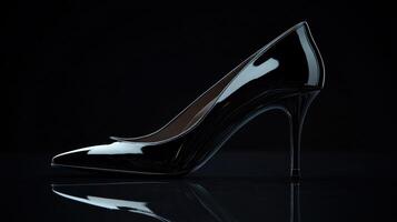 Elegant black high heel shoe showcased on reflective surface photo
