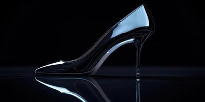 Elegant black high heel shoe showcasing glossy design and reflection photo