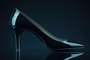 Elegant black high heel shoe presented on glossy surface photo