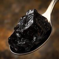 A spoon with a piece of coal in it photo