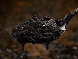 A spoon with a black substance on it photo