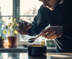 A man is stirring soup in a bowl photo