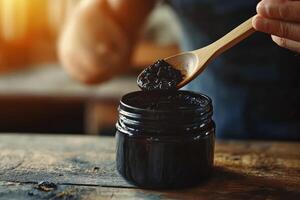 A man is pouring a jar of black mud into a wooden spoon photo