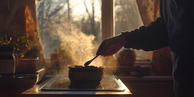 A person is stirring a pot of soup in front of a window photo