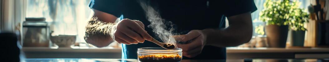 A person is stirring a jar of honey photo
