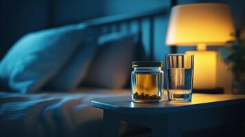 Shilajit jar and glass of water on bedside table at night photo