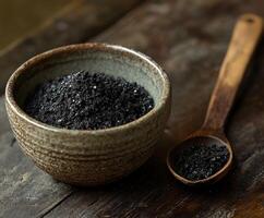 Shilajit powder in a bowl with a wooden spoon on a rustic table photo