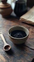 Dark shilajit resin in ceramic bowl on wooden table photo