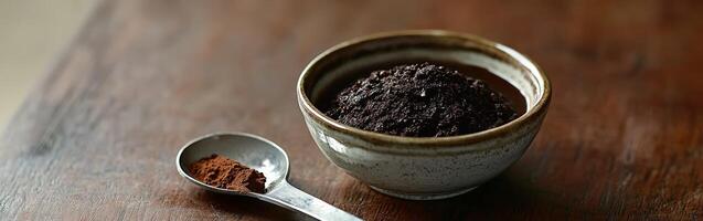 Shilajit powder in a bowl and spoon on a wooden surface photo