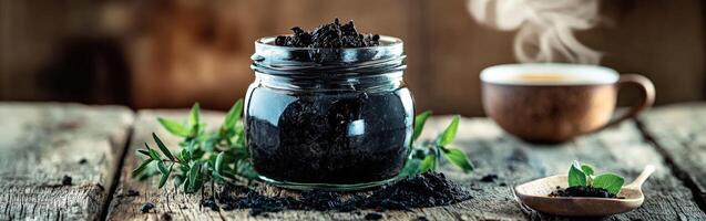 Shilajit resin in a glass jar with steaming cup of herbal tea photo
