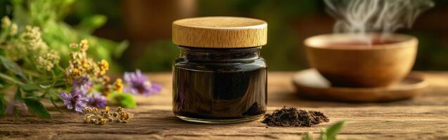 Natural shilajit resin in a jar surrounded by herbs and tea photo