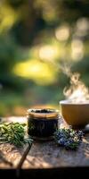 Shilajit resin in a serene outdoor setting with steaming tea photo