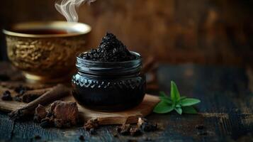 Natural shilajit resin in a jar with herbal tea nearby photo