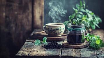 Preparing shilajit with mint for herbal remedies photo