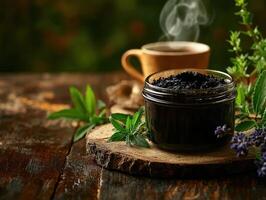 Benefits of shilajit displayed with herbal elements and tea photo