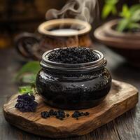 Natural shilajit resin with steaming herbal tea on wooden table photo