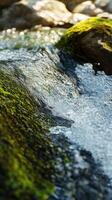 A close up of a stream with water flowing over rocks photo