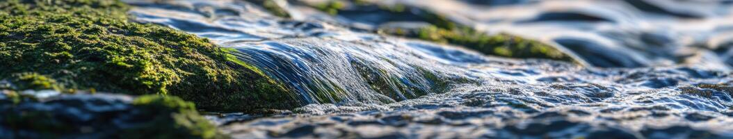 Flowing river water over mossy rocks in a tranquil setting photo
