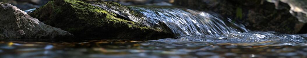 Calm river water flows over moss-covered rocks in nature photo