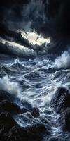 Raging river waters crash against dark rocks under stormy skies photo