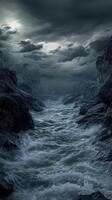 Cloudy river waters flow through rocky landscape during twilight photo