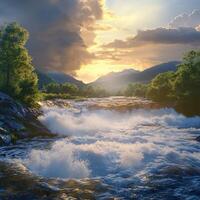 River water flows rapidly through a serene landscape at sunset photo