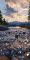 Mesmerizing river flows through rocky terrain at sunset photo