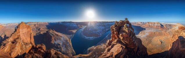 River flows through canyons under bright sun at midday photo