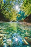 Crystal clear river water surrounded by lush greenery in nature photo
