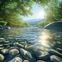Serene river water reflecting sunlight amidst lush trees photo