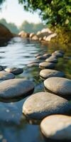 Stepping stones across a tranquil river in a natural setting photo