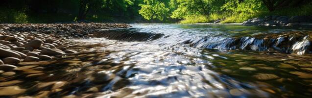River water flows over pebbles under sunlight in serene landscape photo