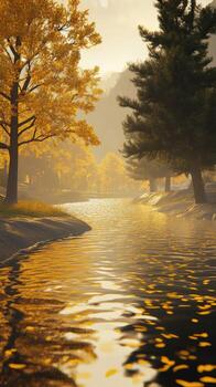 Serene river flowing through autumn trees at golden hour photo