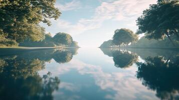 Calm river reflects trees under a clear blue sky at dawn photo