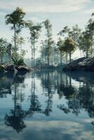 Calm river water reflecting trees in a serene landscape photo