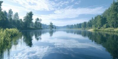 Calm river water reflecting blue skies and surrounding greenery photo