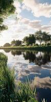 Calm river reflecting a picturesque sky with lush greenery photo