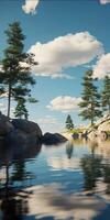 Clear river water reflecting trees and clouds under blue sky photo