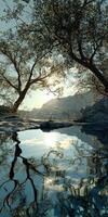 Reflections of trees on a calm river at sunset near mountains photo